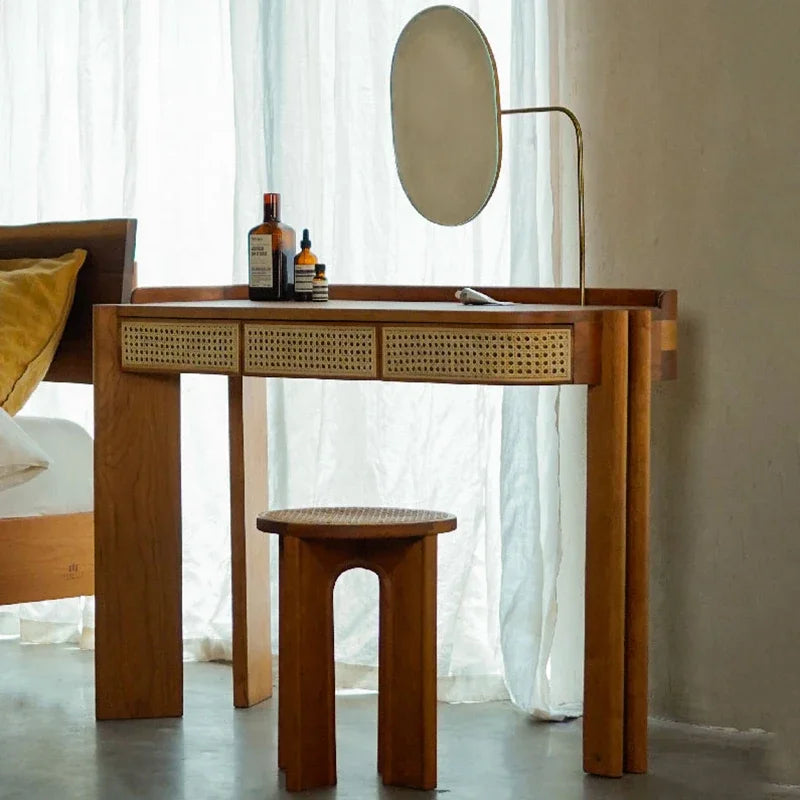 Simple Rattan Vanity Tables Woman Brown Adult Unique Makeup Desk Dressers Drawers Mirror Storage Penteadeira Furniture Home