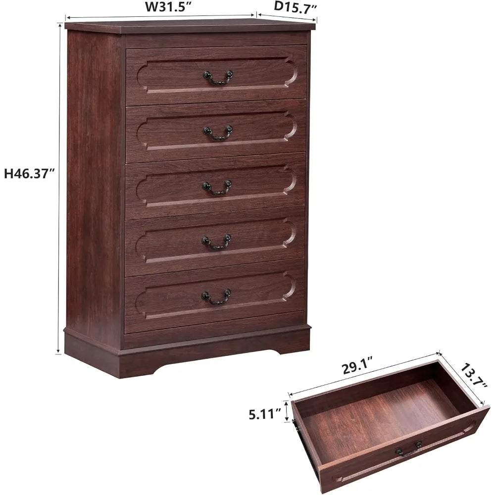 5 Drawer Dresser for Bedroom Farmhouse Cherry Wood Chest of Drawers for Bedroom Dresser, Rustic 46" Tall Wide Drawers Dressers