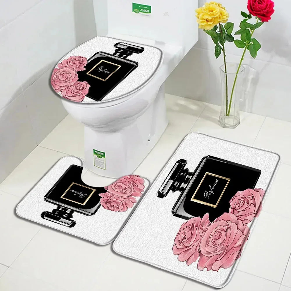Fashion Perfume Shower Curtain Set Pink Rose Flower Modern Woman Girl Home Bathroom Decor Non Slip Rug Bath Mat Toilet Lid Cover
