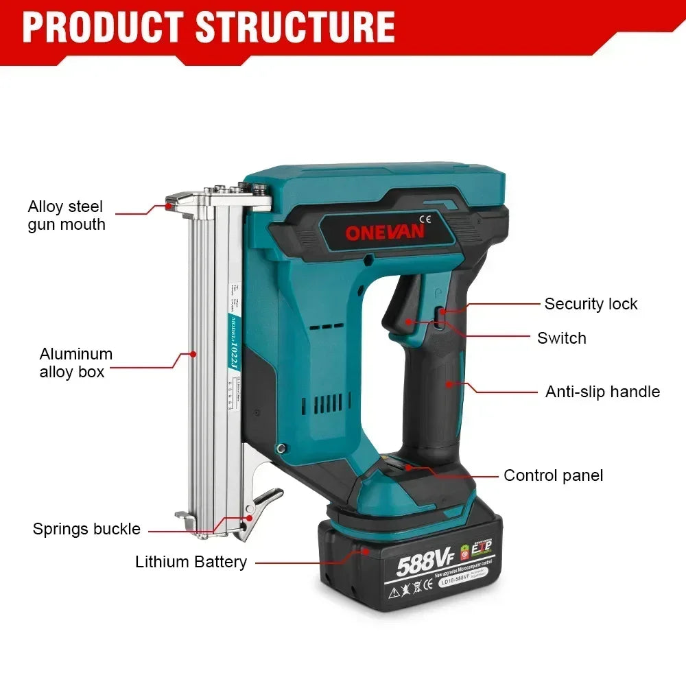 ONEVAN 1022J 2Gears Brushless Cordless Electric Nailer Stapler Furniture Staple Gun Woodworking Tools For 21V 18v Battery