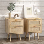 【Lifeideas】 2 Pack Wood and Rattan Side Cabinet Livingroom Bedroom Decoration Storage Cabinet Modern Classic