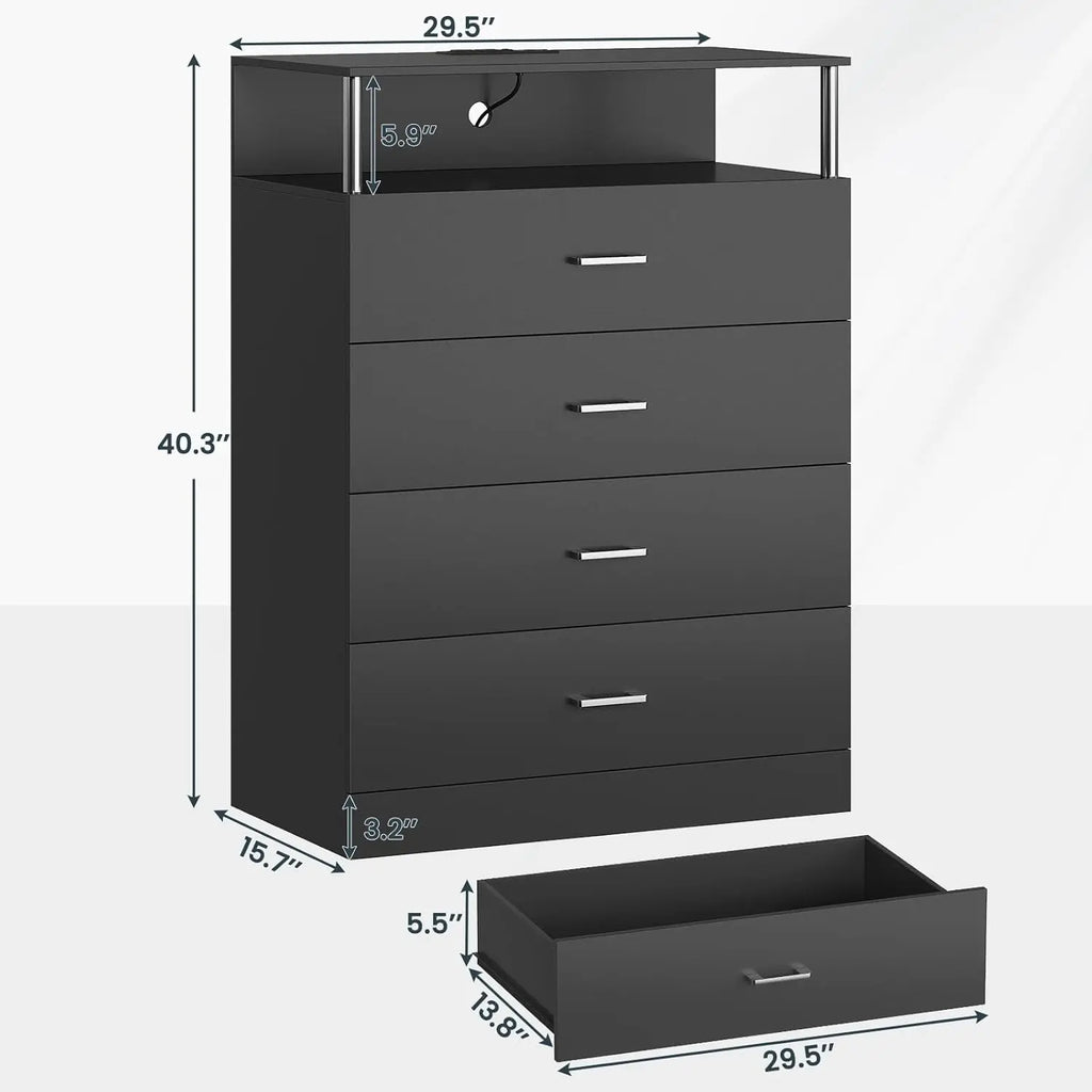 Dresser for Bedroom with Column Design,4 Drawer Dresser with Charging Station, Modern Bedroom Led Tall Black Dresser for Bedroom