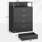 Dresser for Bedroom with Column Design,4 Drawer Dresser with Charging Station, Modern Bedroom Led Tall Black Dresser for Bedroom