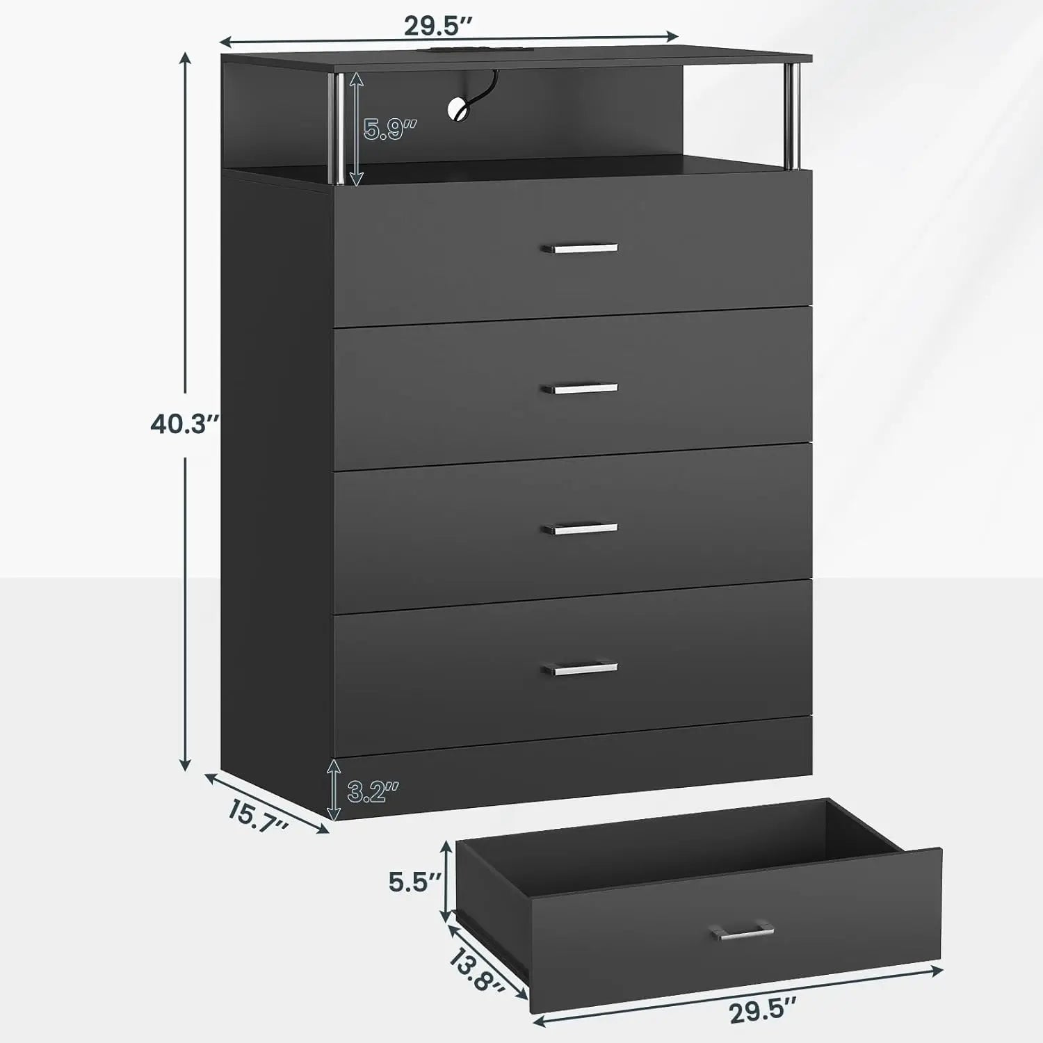 Dresser for Bedroom with Column Design,4 Drawer Dresser with Charging Station, Modern Bedroom Led Tall Black Dresser for Bedroom
