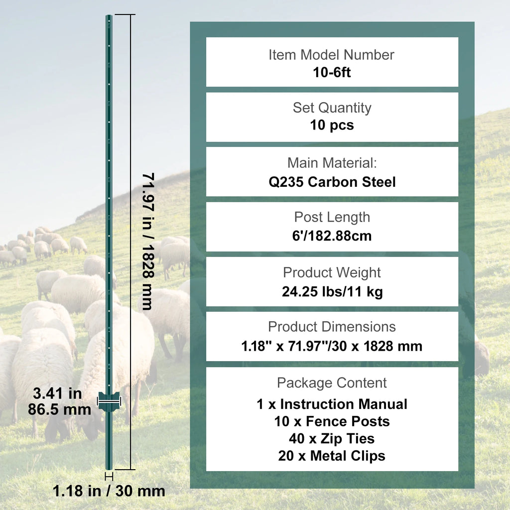 VEVOR Fence Post T-Post Heavy Duty Metal Fence Posts Sturdy Steel Fence Stakes for Garden Yard Lawn Farms & Outdoor Wire Fencing
