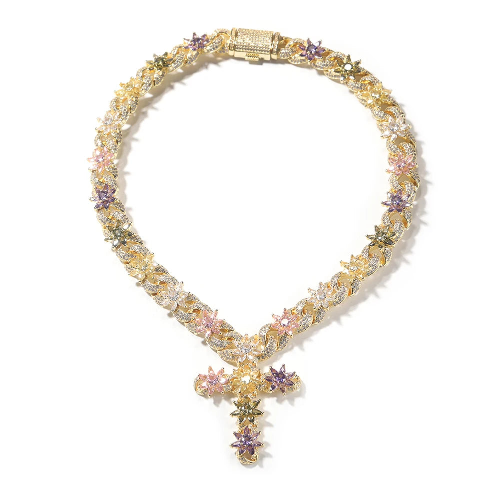 Colorful Flower Cuban Chain - Full Paved Iced Out Baguette CZ Hip Hop Necklace | AlluCanFind