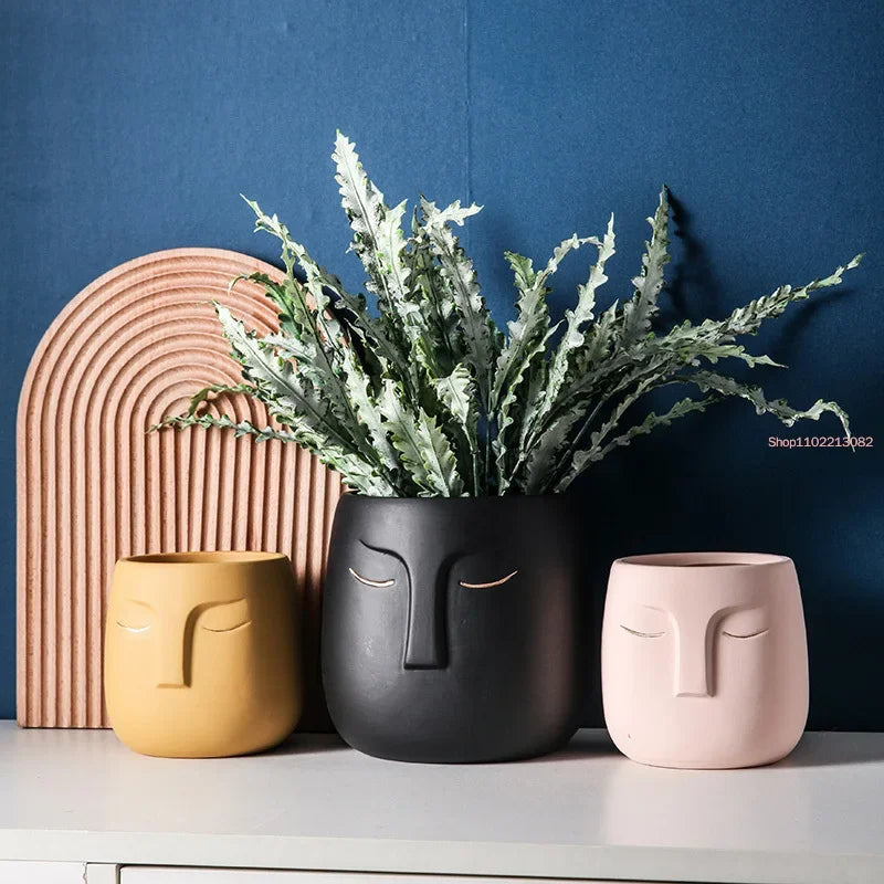 Black Succulent Zen Yellow Ceramic Planters Home Decor Nordic Human Face Buddha Vase Green Plant FlowerPot