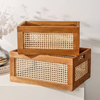 Kitchen Desktop Solid Wood Storage Box Retro Rattan Basket Book Snacks Cosmetics Organizer Home Appliance Bathroom Accessories