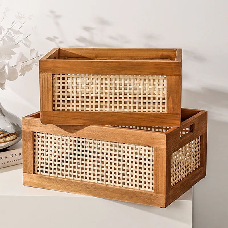 Kitchen Desktop Solid Wood Storage Box Retro Rattan Basket Book Snacks Cosmetics Organizer Home Appliance Bathroom Accessories