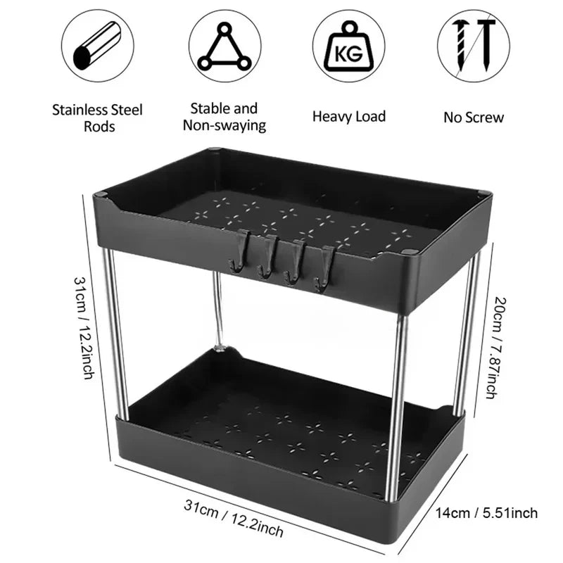 Home Household Bathroom Kitchen Under Sink Organizer 2 Tier Sliding Basket with Hooks Hanging Cup Storage Rack