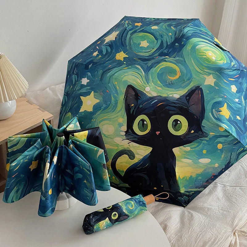 Cartoon Cat Green Folding Umbrella Professional Sun Protection And UV Protection Umbrella Dual use of Rain and Sunny Automatic