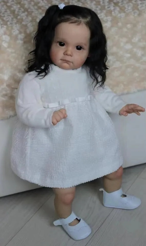 NPK 60CM Bebe Doll Reborn Toddler Maggi in Black Rooted Hair Soft Touch 3D Skin with Visible Veins High Quality Art Doll