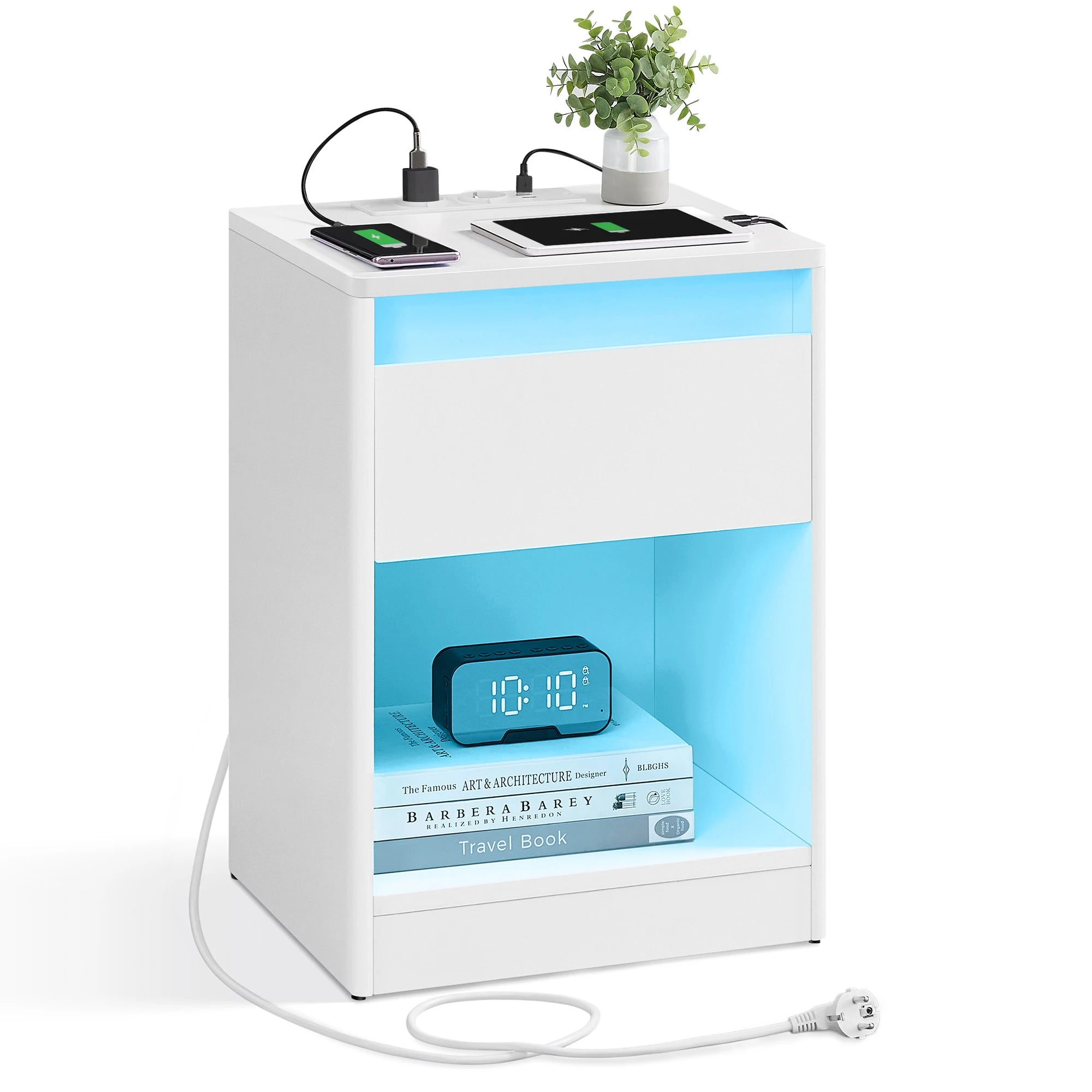 VASAGLE bedside table with adjustable LED lighting, side table table with sockets, drawer, 2 AC sockets, 2 USB ports