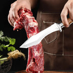 Stainless steel kitchen knife with wooden handle and sheath. Suitable for bone removal and meat/vegetable cutting in the kitchen