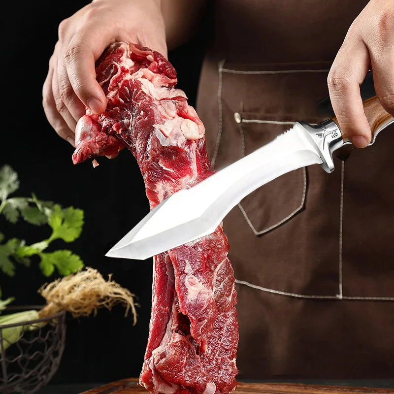 Stainless steel kitchen knife with wooden handle and sheath. Suitable for bone removal and meat/vegetable cutting in the kitchen