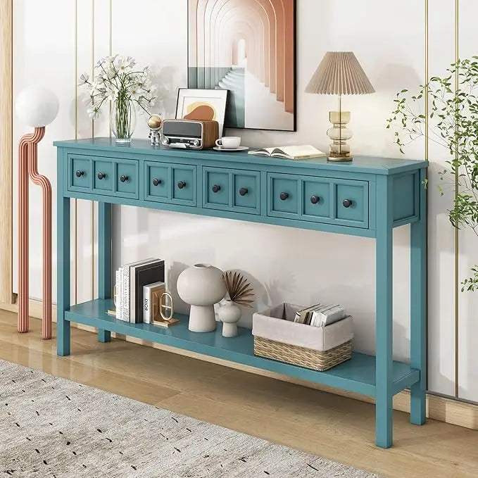 Merax Long Farmhouse Entryway Table with Storage Drawers and Bottom Shelf, Sofa Console Table for Living Room Hallway, Navy Blue