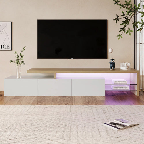 Rosahqnda TV Cabinet for Living Room,TV Lowboard,Sideboard, with LED,2 Glass Partition,3 Drawers,White High Gloss