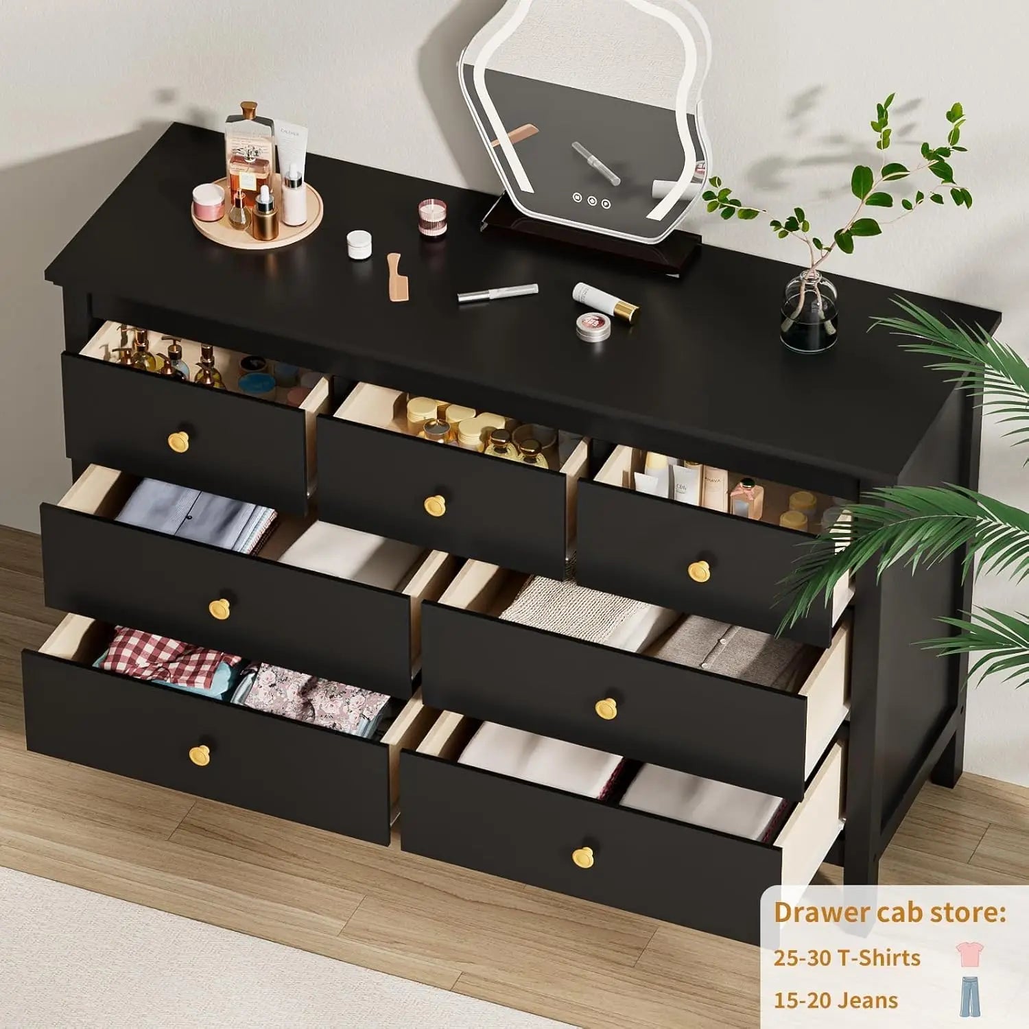 7 Drawers Dresser for Bedroom, Black Dressers & Chests of Drawers with Gold Handles and 7 Large Drawer, Wooden Storage Cabinet