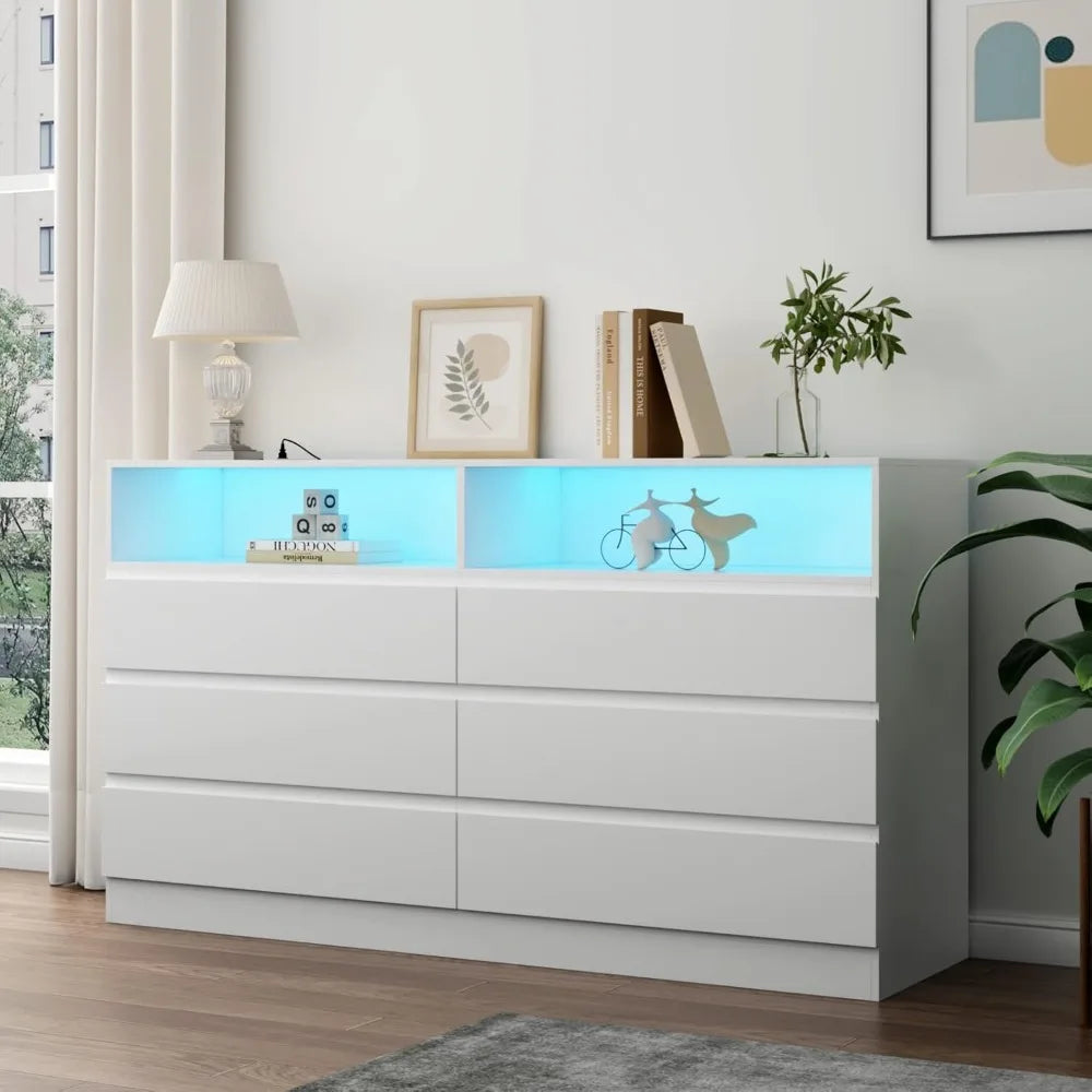 6 Drawer Double Dresser with Power Outlet, Accent Chests of Drawers with LED Light, Modern White Storage Dresser with Charging S