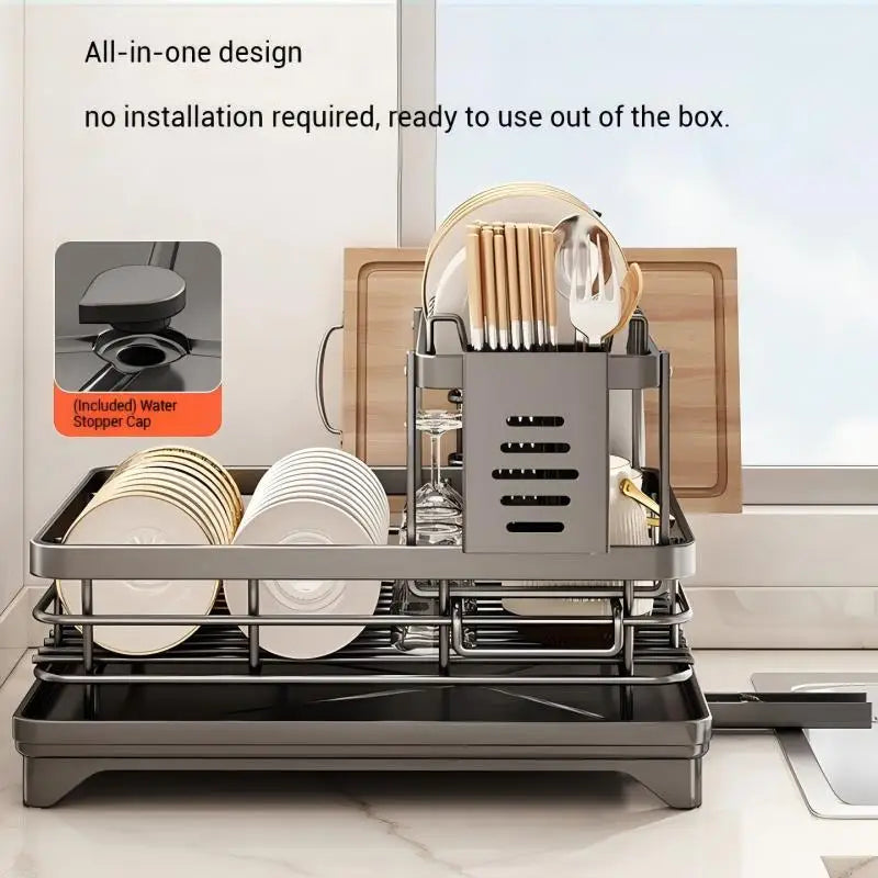 Multifunctional Kitchen Dish Drying Rack Adjustable Over Sink Plate Organizer with Removable Drainboard