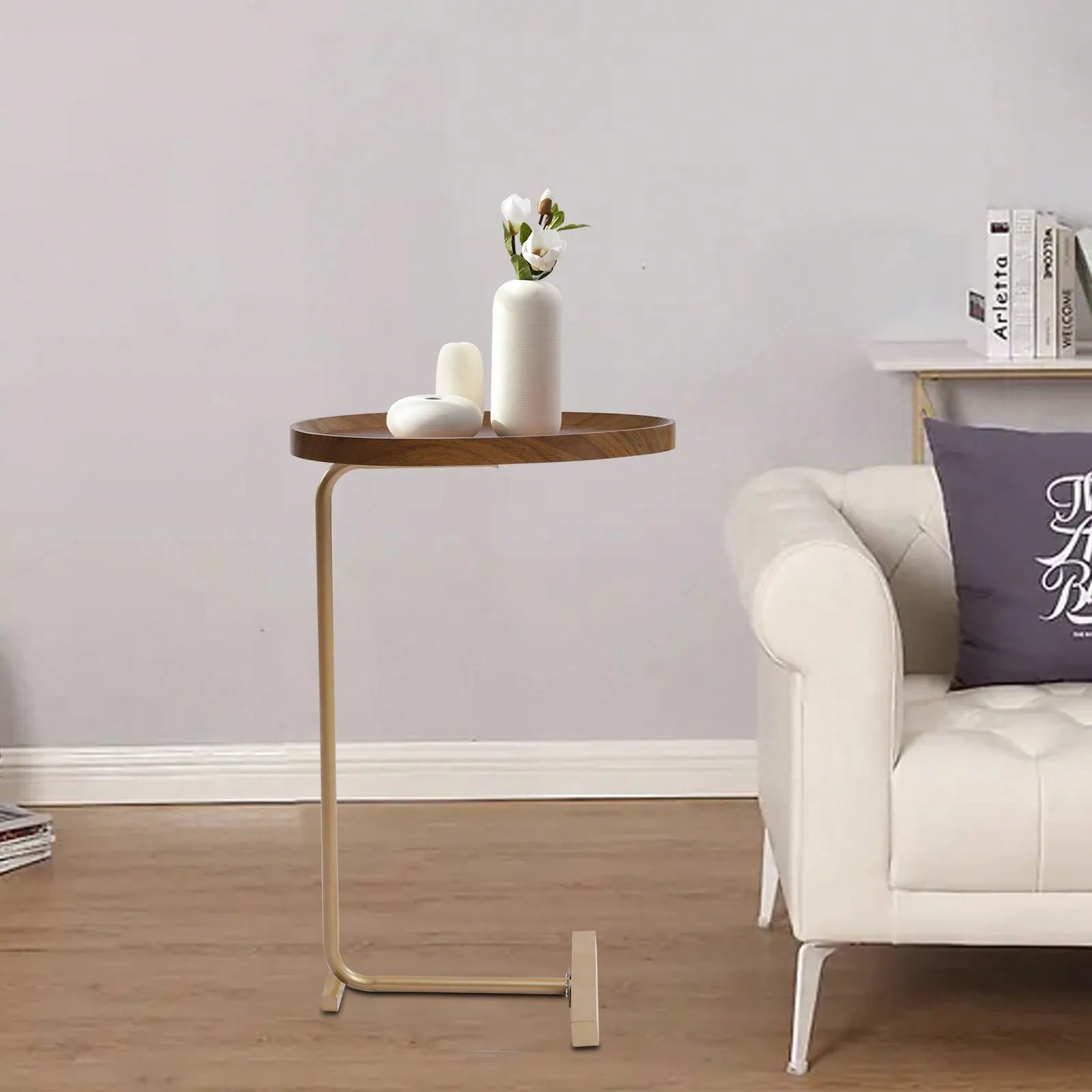 C Shaped End Table Side Table Small Gold Sofa Table Couch Snack Table Unique Almond Tabletop Home Decor 18x12inch