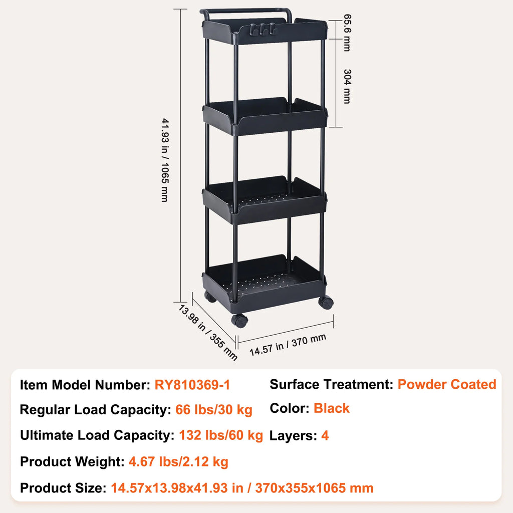 VEVOR 4-Tier Rolling Utility Cart Kitchen Organizer Shelves with Wheels Storage Trolley for Office Living Room Clearance Sale