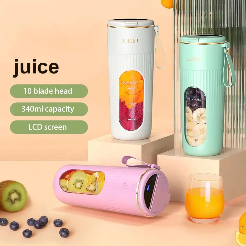 340ml Juicer Household Small Portable Fruit Juice Cup Rechargeable Lcd Display Electric Juicer 14 Blades Outdoor Travel