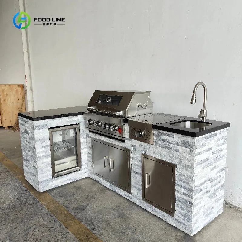 Natural Stone-Inspired Outdoor DIY BBQ Kitchen Equipped with Sink Chilled Storage for BBQ Grills for Family Party