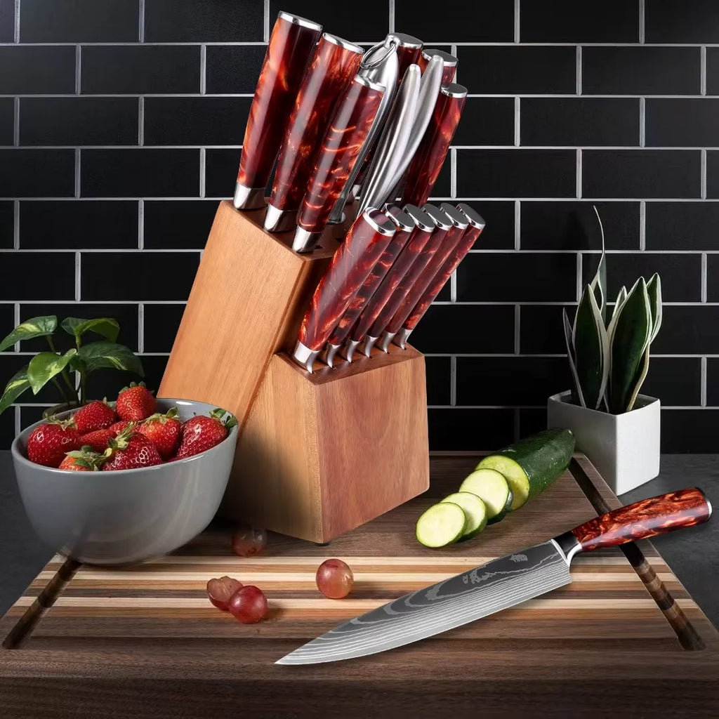 XITUO Kitchen Knife Set 15PCS With Wooden Block,Laser Damascus Pattern Steel Professional Chef Knife,With Scissor Sharpening Rod