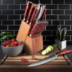 XITUO Kitchen Knife Set 15PCS With Wooden Block,Laser Damascus Pattern Steel Professional Chef Knife,With Scissor Sharpening Rod