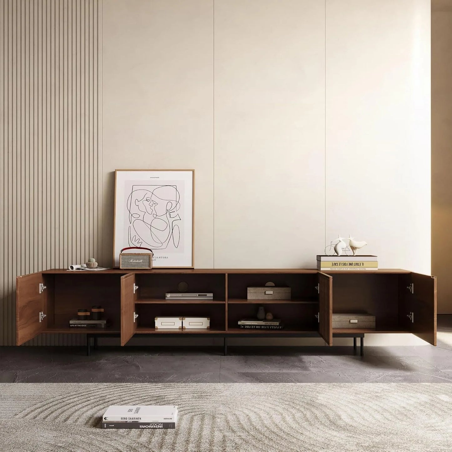 Mid Century Modern TV Stand for 80+ Inch TVs, 94.48" Walnut Console with Ample Storage – Stylish Entertainment Center for Living