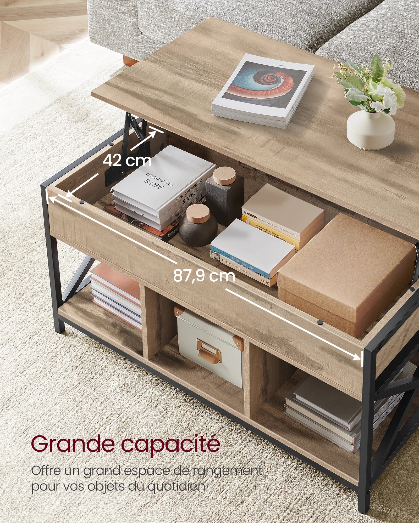 Coffee Table, Lift-Up Coffee Table, Steel Frame, 50 x 100 x (46.5-62) cm, Camel Brown and Black