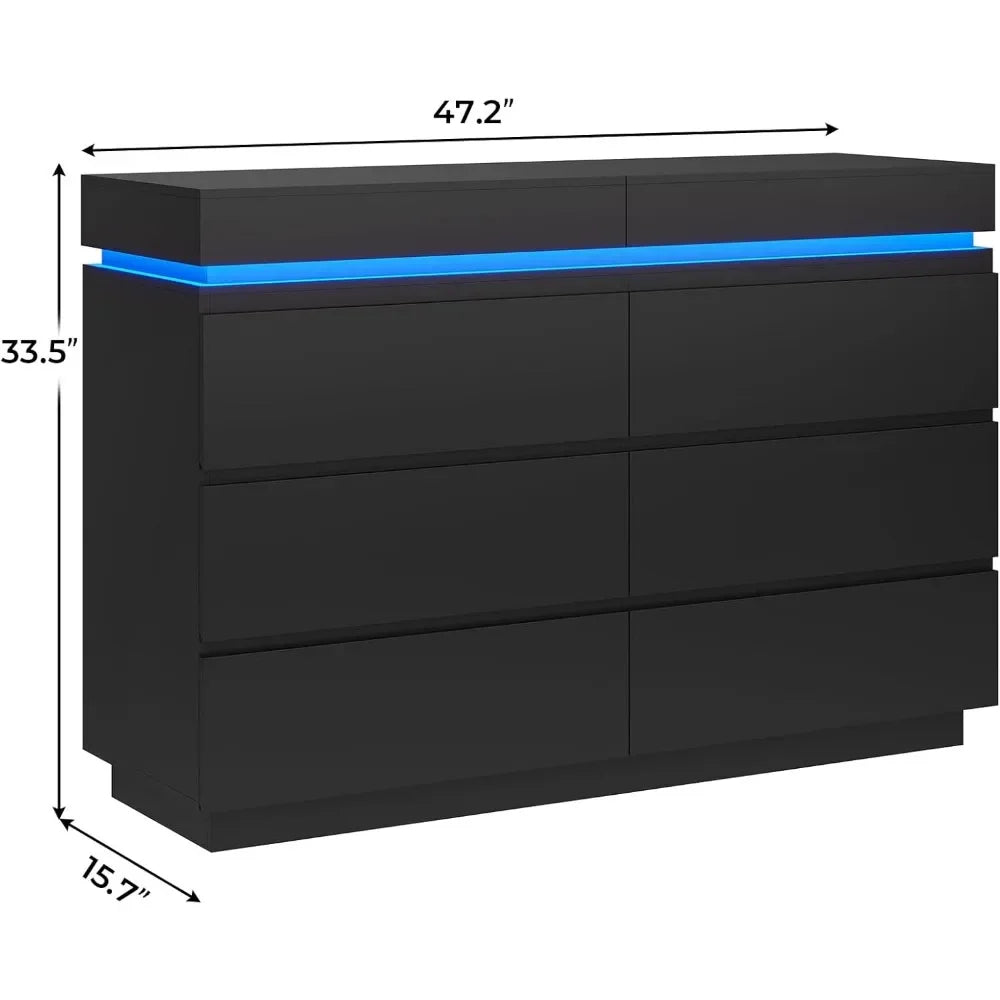 Modern 6 Drawer Dresser with Sliding Desktop, Wide Chest of Drawers with Charging Station & LED Lights