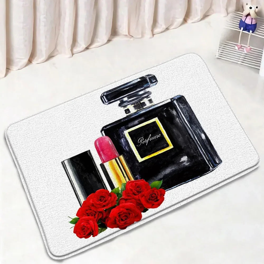 Fashion Perfume Shower Curtain Set Pink Rose Flower Modern Woman Girl Home Bathroom Decor Non Slip Rug Bath Mat Toilet Lid Cover