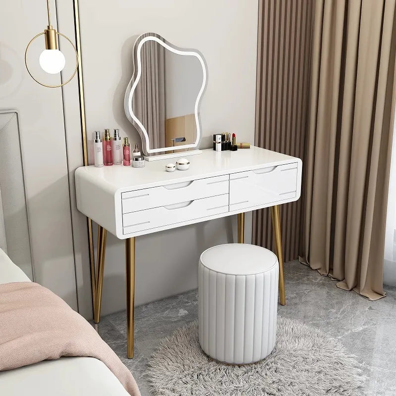 Modern Luxury Dresser Set With Mirror And Lights Mirror Drawer Solid Wood Small Apartment Room White Makeup Furniture Design