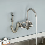 Brushed Nickel Wall Kitchen Sink Faucet with Bidet Sprayer Shower Head Stainless Steel Swivel Dual Hole Cold Hot Water Mixer Tap