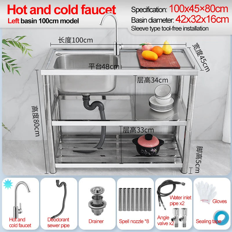 Stainless Steel Sink Kitchen Household Thickened Single Trough with Bracket Wash Basin Sink with Platform Easy Landing