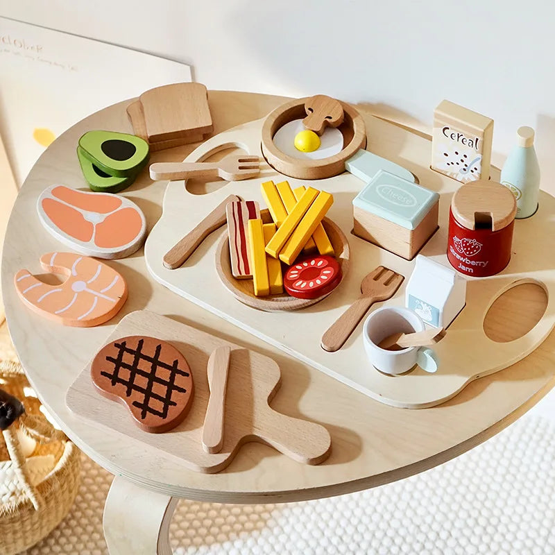 Children Luxury Kitchen Pretend Play Set Wooden Imitation Game Pot Set Cooking Food Simulation Cake Bread Baking Toys for Girls