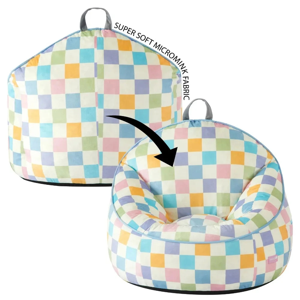 Compressed Foam Bean Bag Chair for Kids, Rainbow Checkerboard