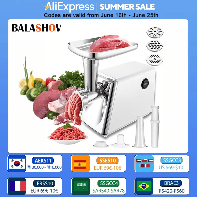 Electric Meat Grinder Sausage Maker with 3 Grinding Plates Food Pusher Meat Mincer Juicer Food Grinder for Home Kitchen
