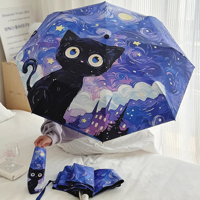 Cartoon Cat Purple Folding Umbrella Professional Sun Protection And UV Protection Umbrella Dual use of Rain and Sunny Automatic