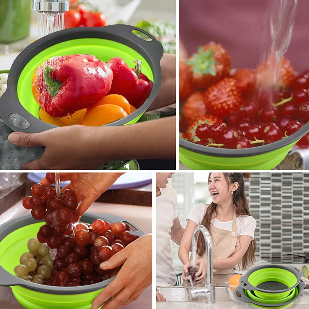 Kitchen Vegetable Washing Utensil, Circular Retractable Folding Drain Basket, Filter Basket, Vegetable Washing Basin, Fruit Blue