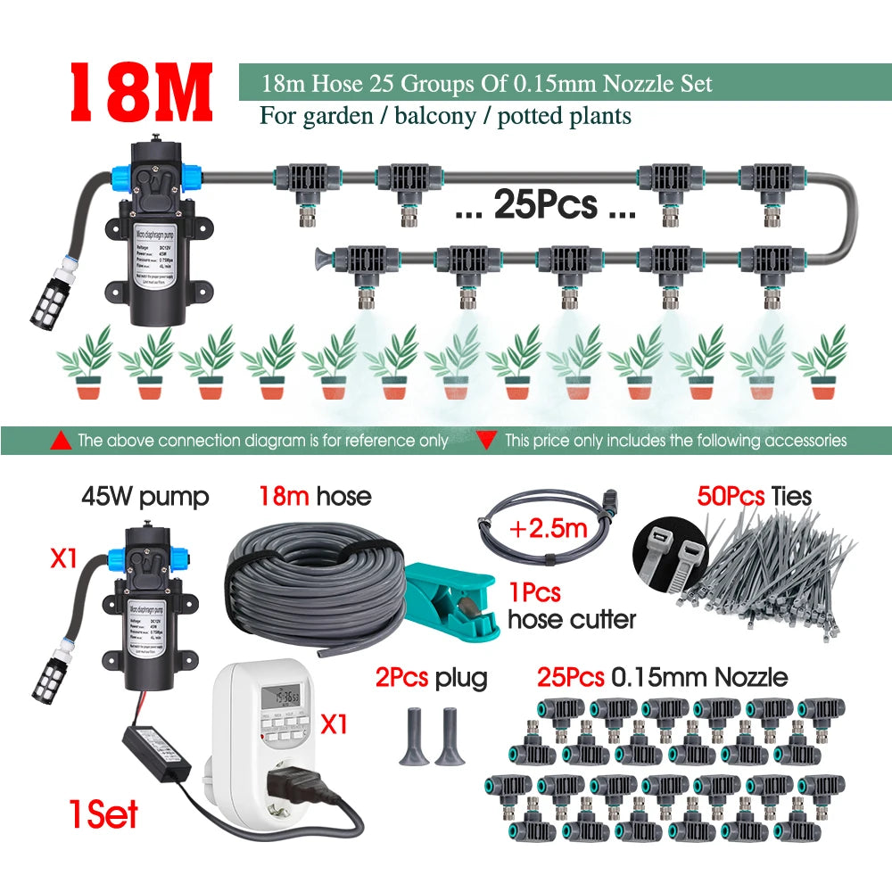 110-240V 45W Self-priming Pump Garden Greenhouse Plants Micro-Irrigation Kit Rapid Insertion 0.15MM Spray Nozzle Watering System