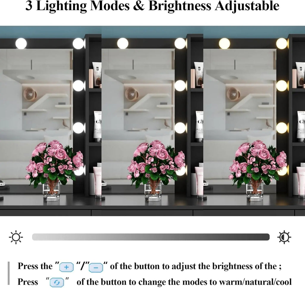 Vanity Desk with Lighted Mirror & Power Outlet, Makeup Vanity Table with 6 Drawers, 3-Tier Shelf, Vanity Dresser with