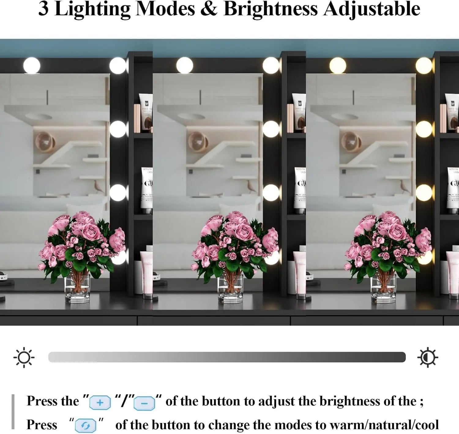 Vanity Desk with Lighted Mirror & Power Outlet, Makeup Vanity Table with 6 Drawers, 3-Tier Shelf, Vanity Dresser with
