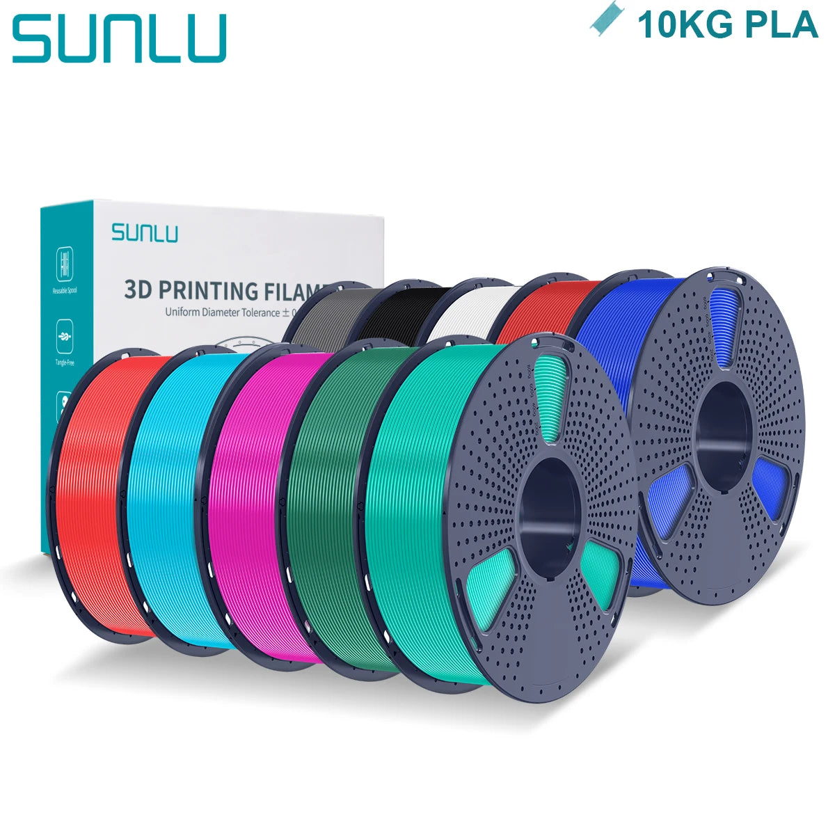SUNLU PLA 3D Printer Filament 1.75mm - 10 Rolls x 1KG | Neatly Wound