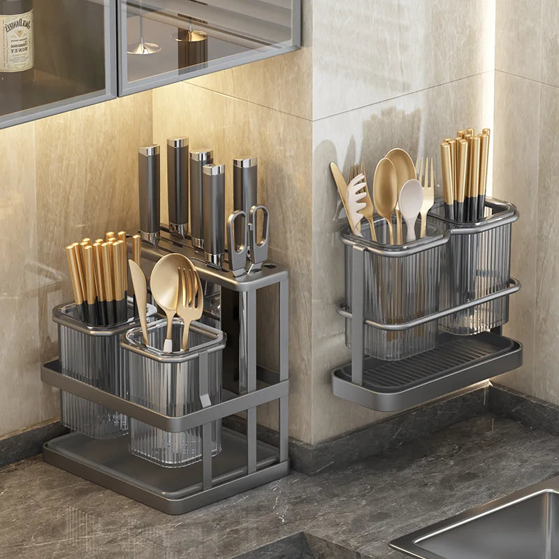 Wall Mounted Kitchen Cutlery Organizer Knife Spoon Fork Chopstick Drain Rack Drainer Utensil Kitchen Storage Punching Free NEW