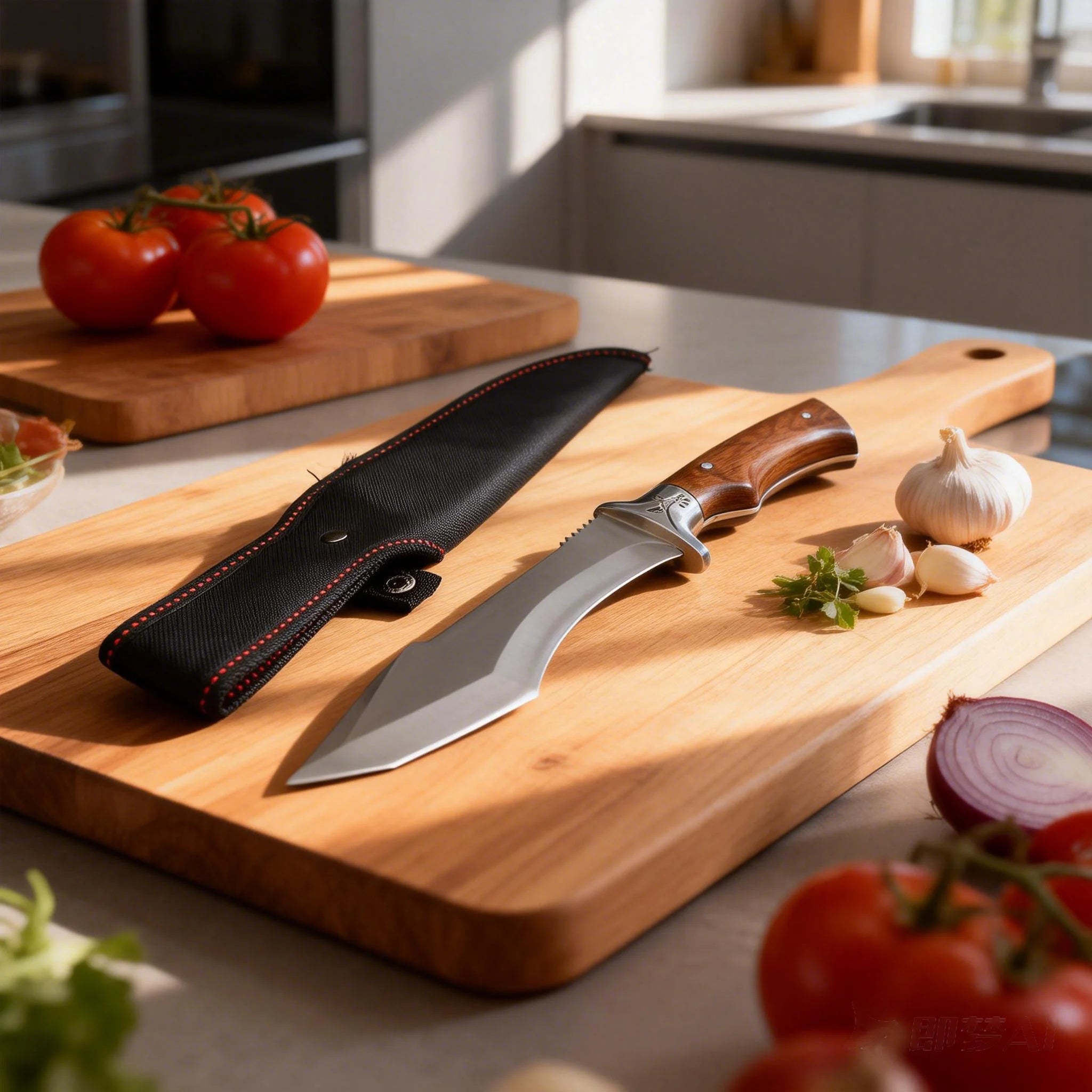 Stainless steel kitchen knife with wooden handle and sheath. Suitable for bone removal and meat/vegetable cutting in the kitchen