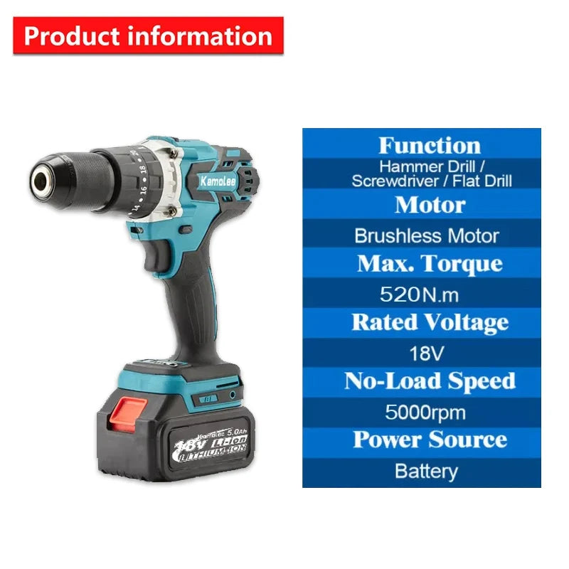 Kamolee 13MM New Brushless Electric Impact Drill Cordless Screwdriver Lithium Battery Charging Hand Drill For Makita 18V Battery