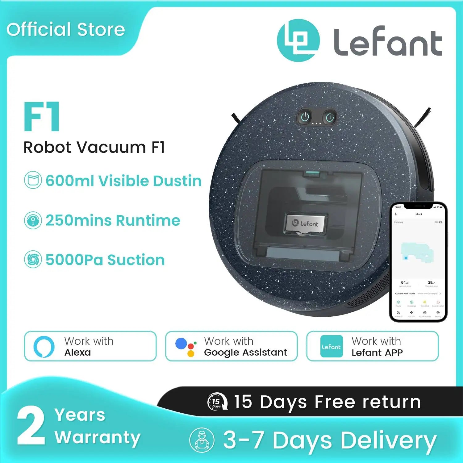 Lefant small Robot Vacuum cleaner F1,5000Pa Suction,600ML Visible Canister,250min,Ideal for Pet Hair,Hard Floors Carpets